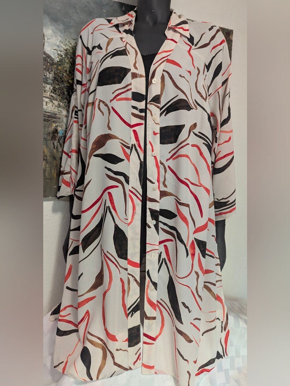 Women’s Printed Button-Up Top - White with Coral & Brown Abstract Print